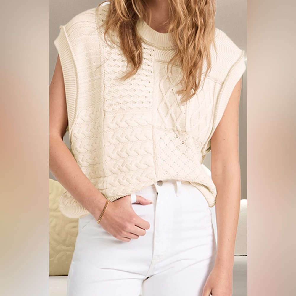 Free People Take The Plunge Crochet Sweater Vest Tea Ivory Cream Color Knit